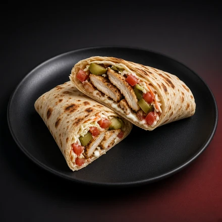 Loaded chicken saj wrap with pickles, coleslaw and tomato