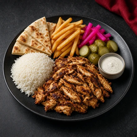 Chicken shawarma plate with rice, pita, fries and pickles