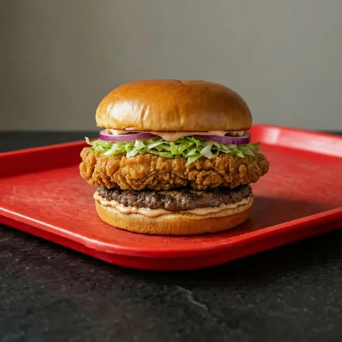 Double burger with fried chicken, beef, lettuce and onion