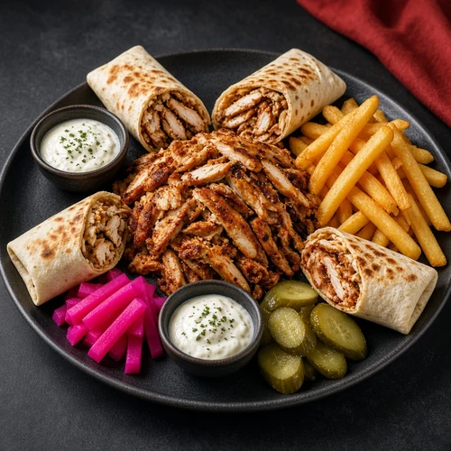 Chicken shawarma family platter with four saj wraps, fries and pickles
