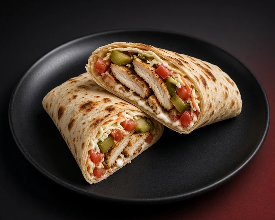 Loaded chicken saj wrap with pickles, coleslaw and tomato