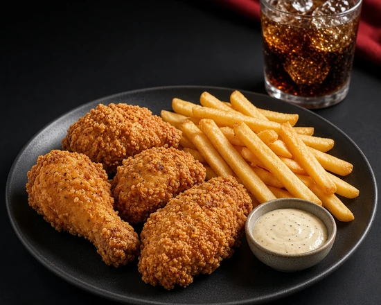 Four-piece fried chicken combo with fries, sauce and a drink