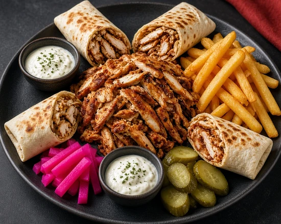 Chicken shawarma family platter with four saj wraps, fries and pickles