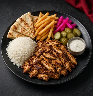 Chicken shawarma plate with rice, pita, fries and pickles