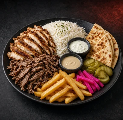 Chicken and beef shawarma plate with rice, pita, fries and pickles
