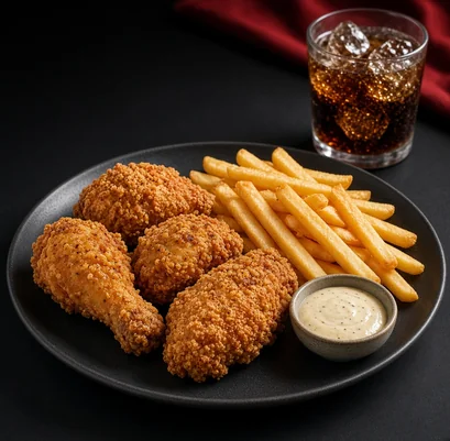 Four-piece fried chicken combo with fries, sauce and a drink