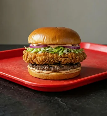 Double burger with fried chicken, beef, lettuce and onion