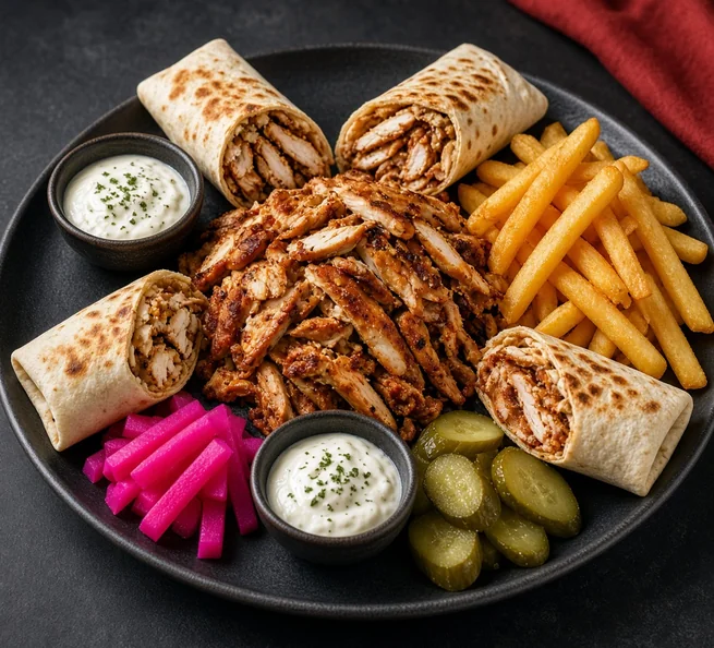 Chicken shawarma family platter with four saj wraps, fries and pickles