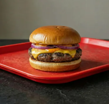 Beef cheeseburger with lettuce, tomato and onion