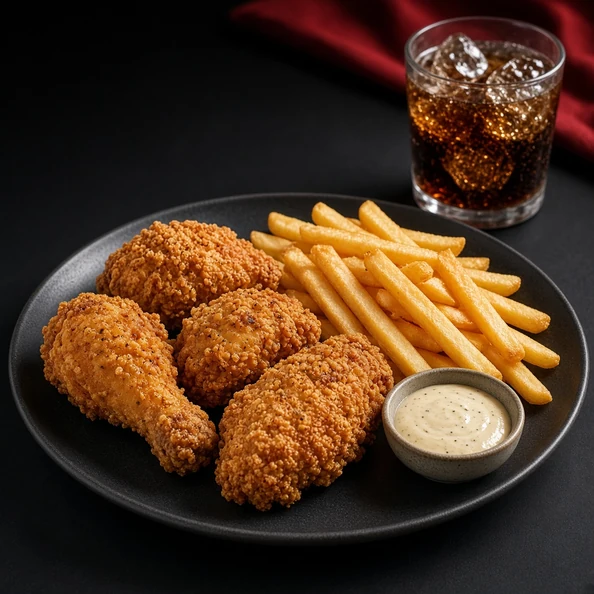 Four-piece fried chicken combo with fries, sauce and a drink