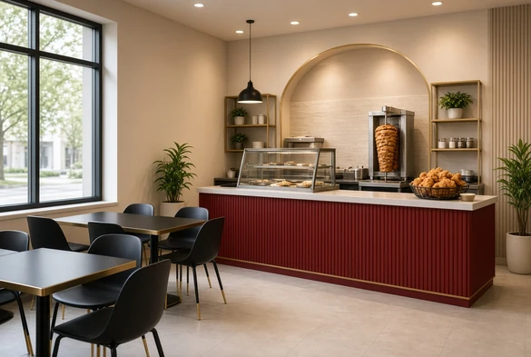Clean restaurant interior with a red counter and black seating