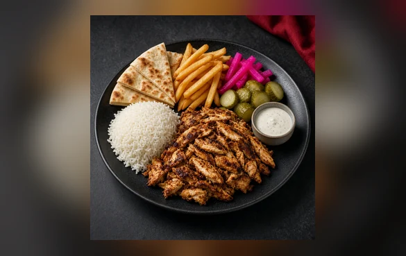 Chicken shawarma plate with rice, pita, fries and pickles
