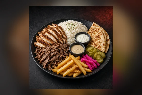 Chicken and beef shawarma plate with rice, pita, fries and pickles