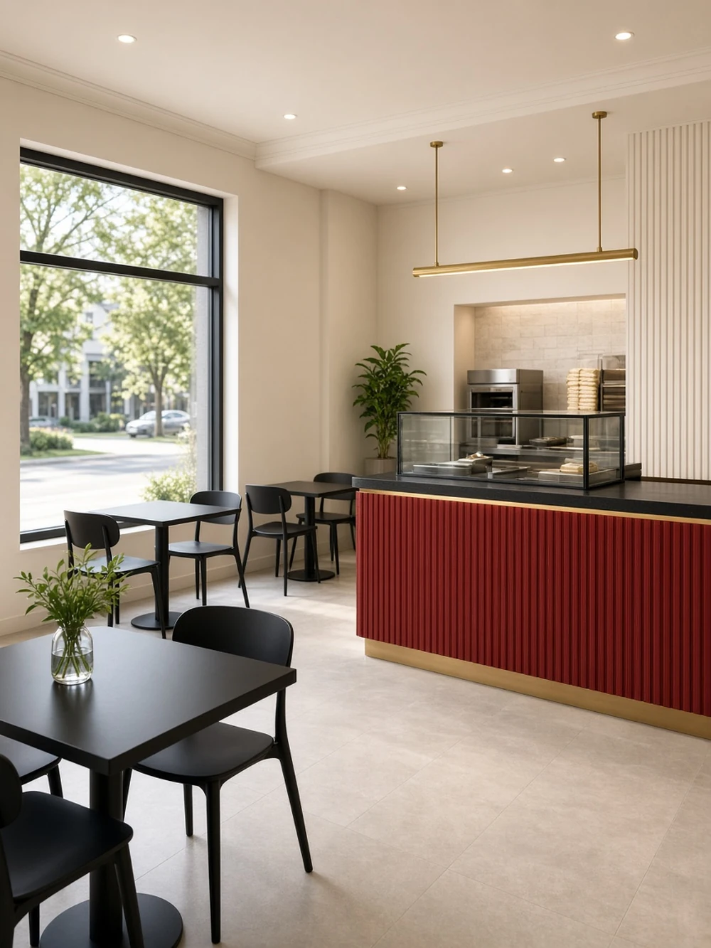 Clean restaurant interior with red counter and window seating