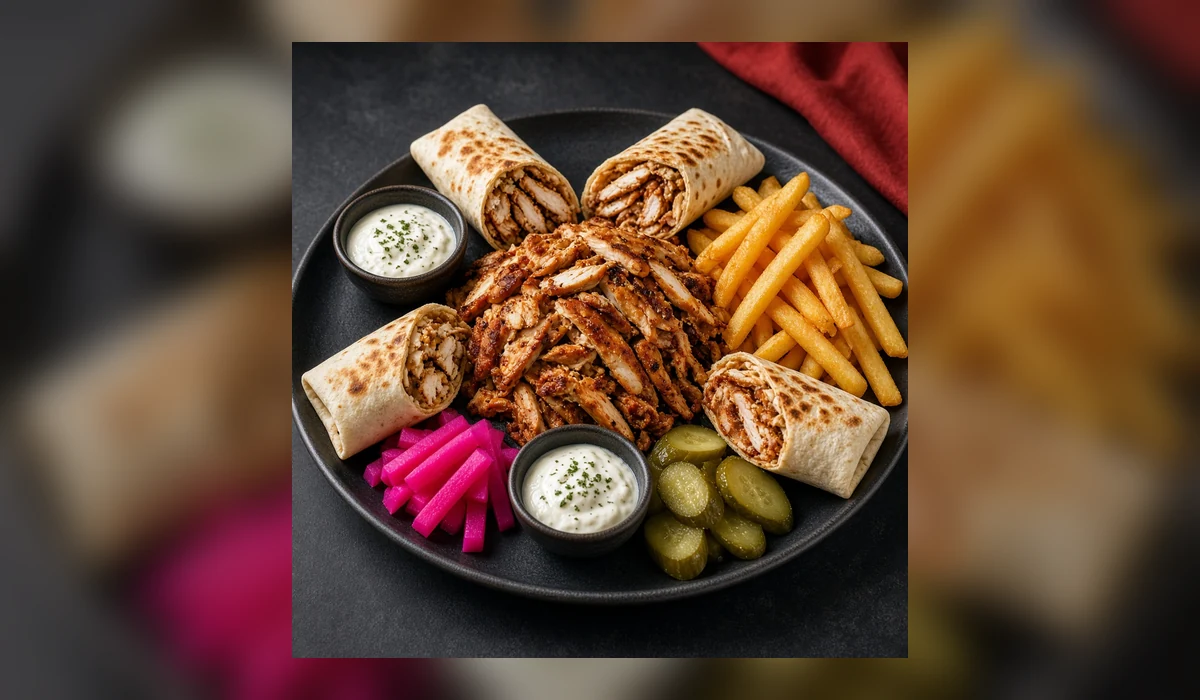 Chicken shawarma family platter with four saj wraps, fries and pickles